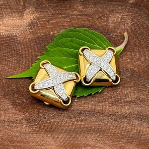 Vintage Square Gold Tone Clip On Earrings Rhinestone Design 1980s 1990s